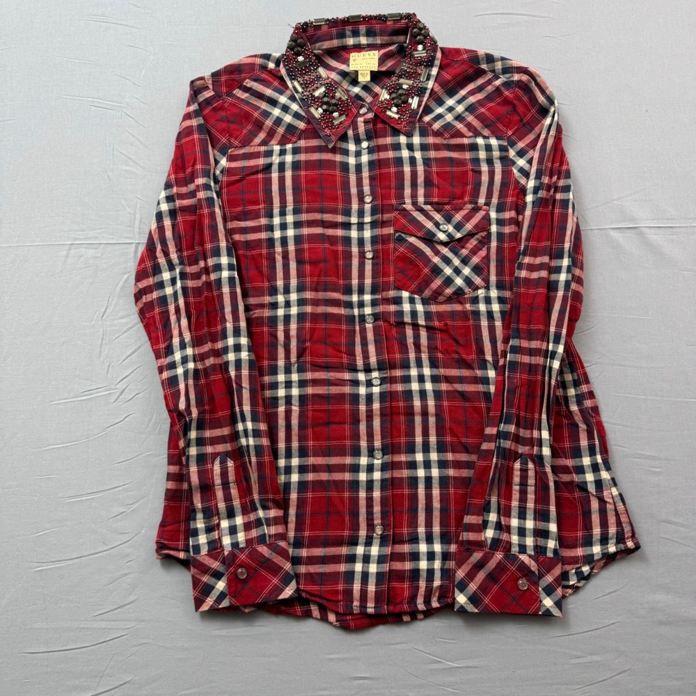 Guess Los Angeles Red Plaid Embellished Collar Western Snap Button Shirt Small
